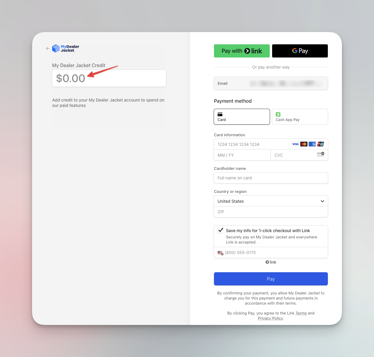 Página de pago para agregar créditos