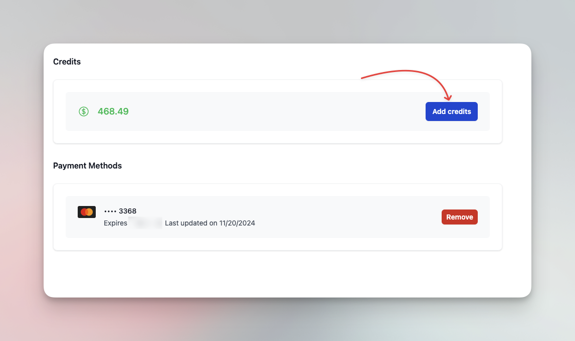 Página de facturación resaltando agregar créditos