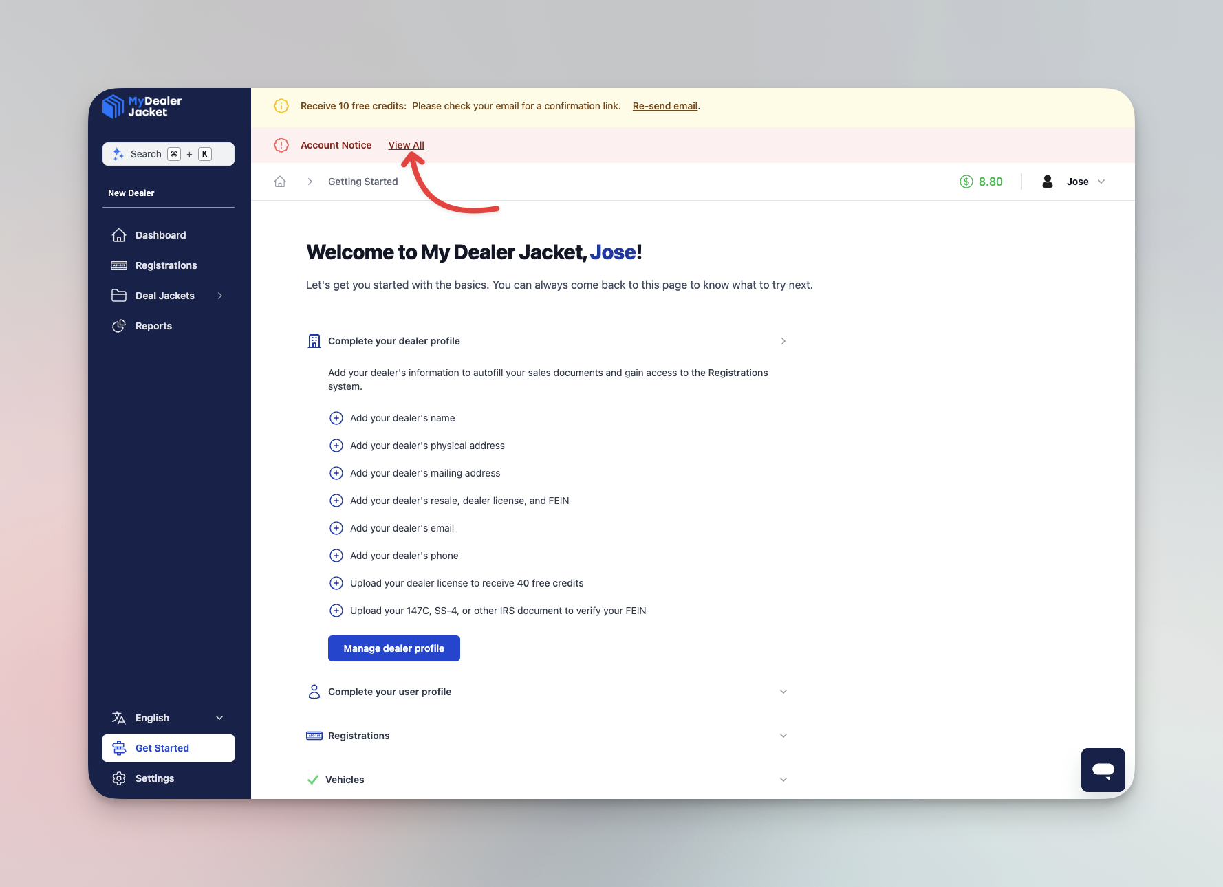 Panel de control resaltando aviso de cuenta