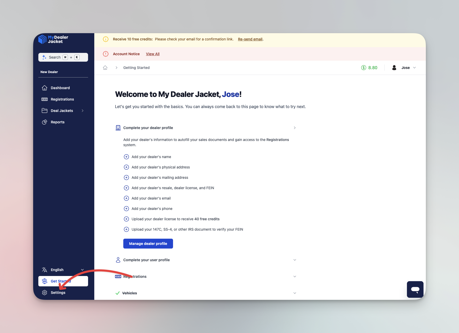Panel resaltando el botón de ajustes