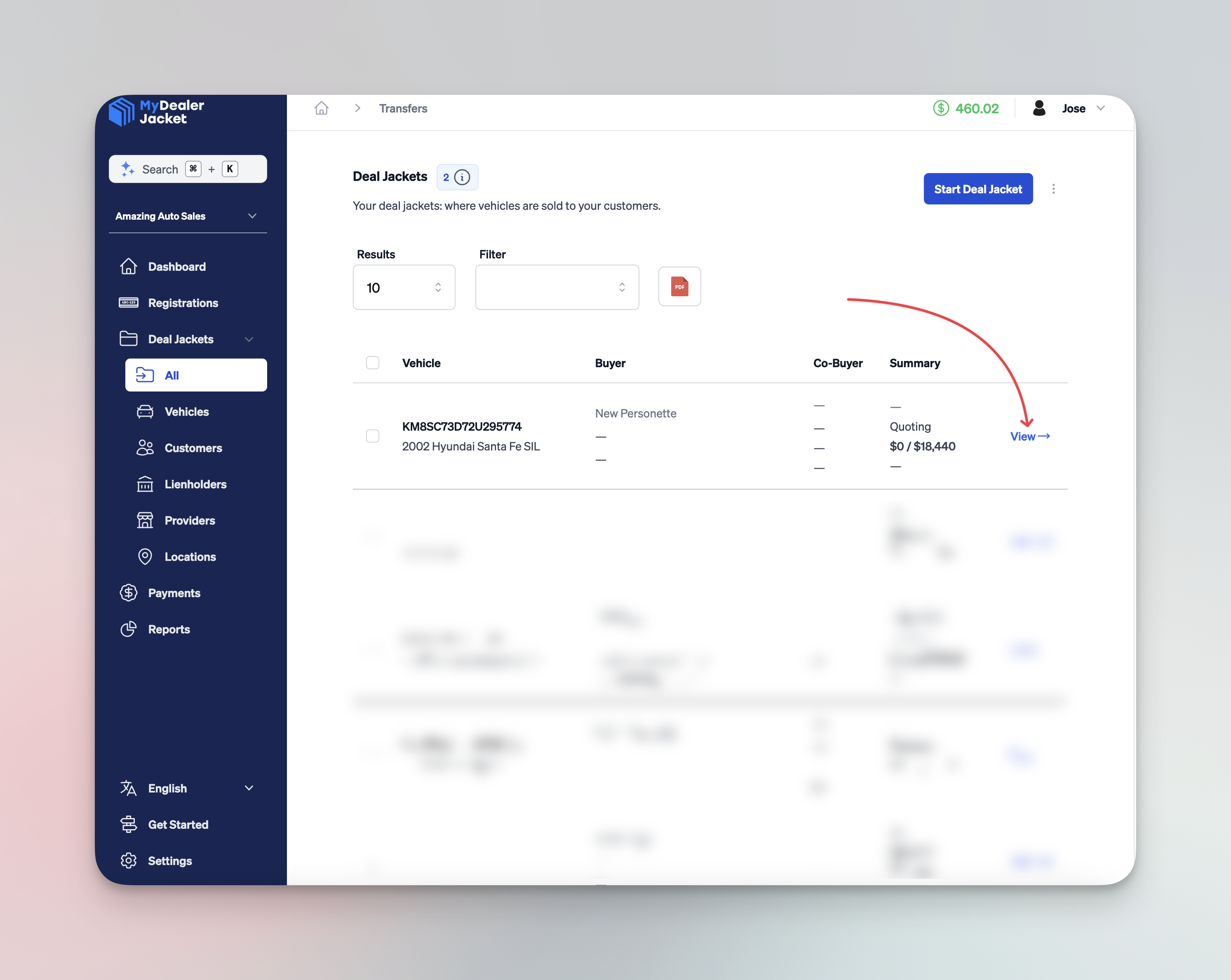 Listado de carpetas de transacción con el botón "Ver" resaltado