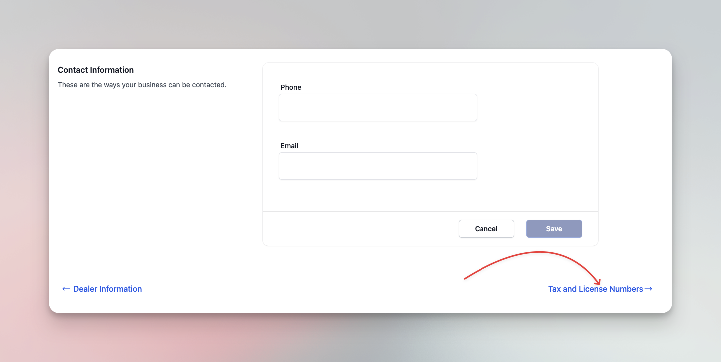 Página de contacto del dealer resaltando enlace de números de impuestos y licencia