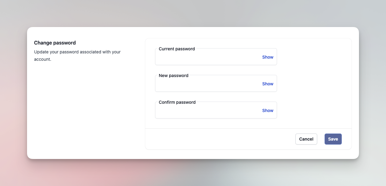 Sección de cambio de contraseña del perfil de usuario