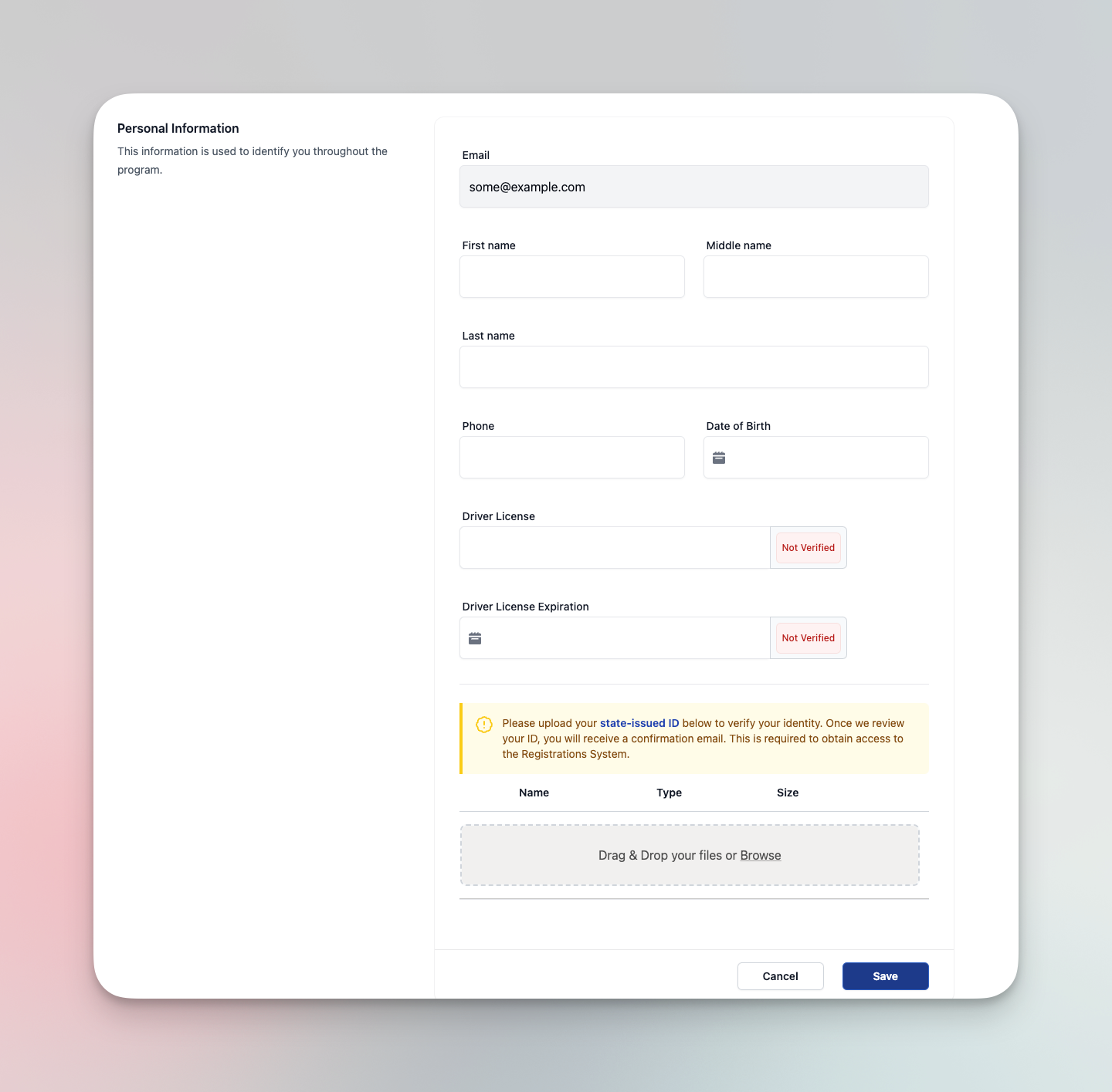 Sección de información personal incompleta del perfil de usuario